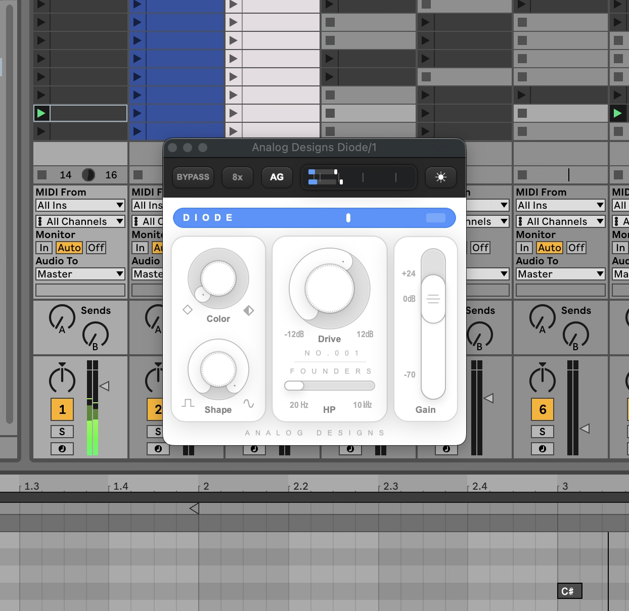 The Analog Designs Diode plug-in open in an Ableton Live session